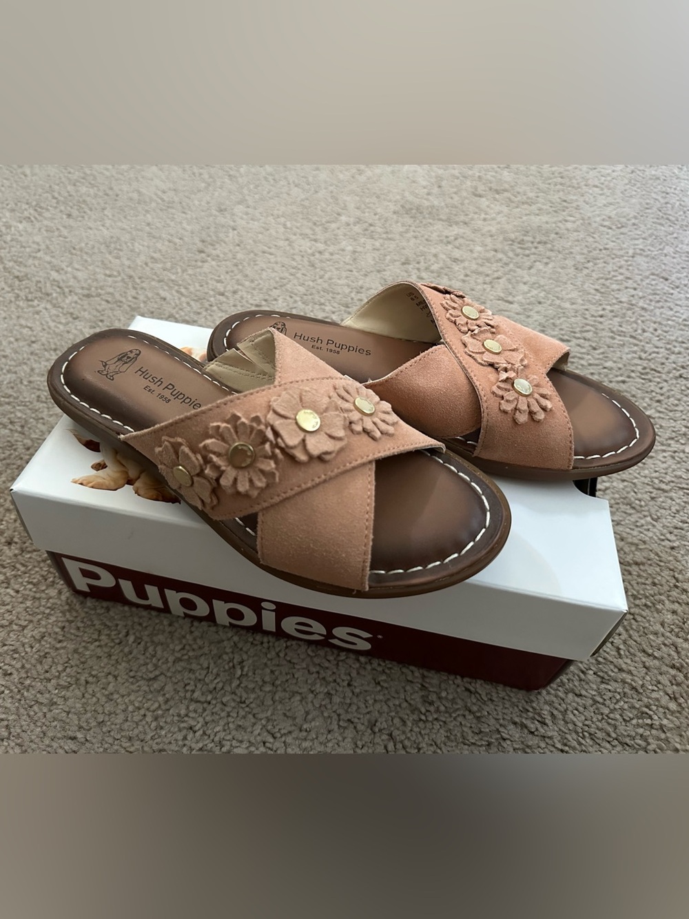 NEW Hush Puppies Olive X-Band Flower Detailed Slide Sandals in Pale Peach